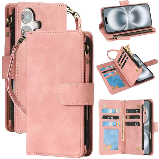 RANYOK Compatible with iPhone 16 Case Wallet - PU Leather Wallet Case for iPhone 16 with Credit Card Holder RFID Blocking Zipper Pocket with Wrist Strap Flip Folio Protective Case (Pink)